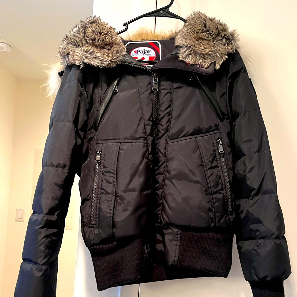 Pajar black down winter jacket with a fur hood
